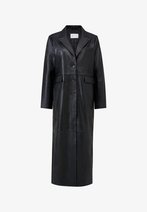 Black leather coat with a long silhouette, oversized lapel collar, five buttons, and two front pockets. Smooth texture and tailored design.