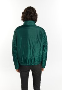 Giacca imbottita verde con colletto alto, texture lucida e polsini elasticizzati; presenta cuciture orizzontali e un design cropped.