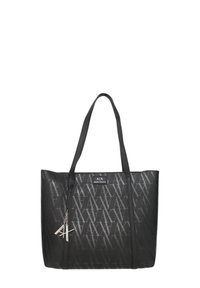 Sac fourre-tout noir en matériau synthétique texturé. Présente un motif subtil, deux longues poignées et un pendentif logo en argent attaché.