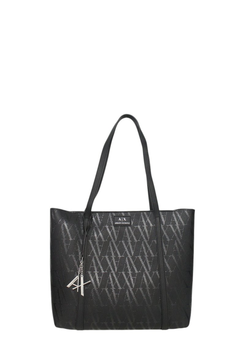 Sac fourre-tout noir en matériau synthétique texturé. Présente un motif subtil, deux longues poignées et un pendentif logo en argent attaché.