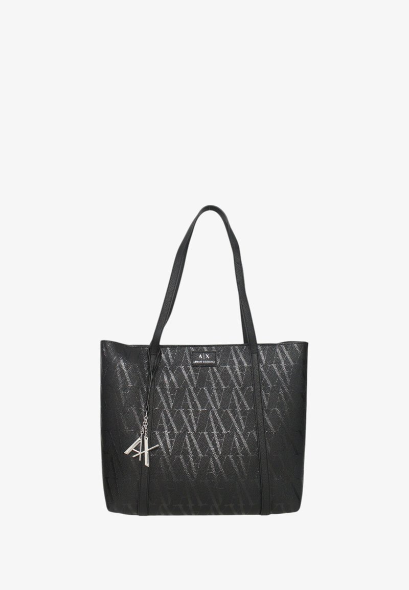 Borsa a tracolla nera realizzata in materiale sintetico testurizzato. Presenta un motivo sottile, due manici lunghi e un ciondolo logo argentato attaccato.