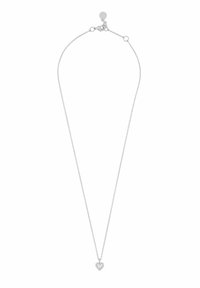 Silver kedja halsband med ett hjärtformat hänge bestående av två sammanlänkade hjärtan, prydda med små klara stenar. Enkel design med justerbar spänne.