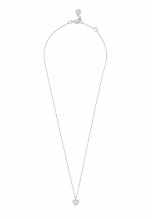 Silver kedja halsband med ett hjärtformat hänge bestående av två sammanlänkade hjärtan, prydda med små klara stenar. Enkel design med justerbar spänne.