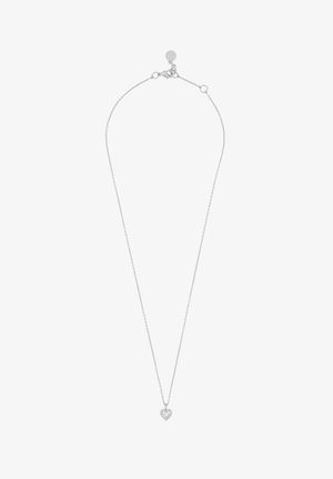 Silver kedja halsband med ett hjärtformat hänge bestående av två sammanlänkade hjärtan, prydda med små klara stenar. Enkel design med justerbar spänne.