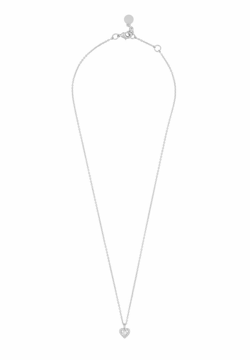 Silver kedja halsband med ett hjärtformat hänge bestående av två sammanlänkade hjärtan, prydda med små klara stenar. Enkel design med justerbar spänne.
