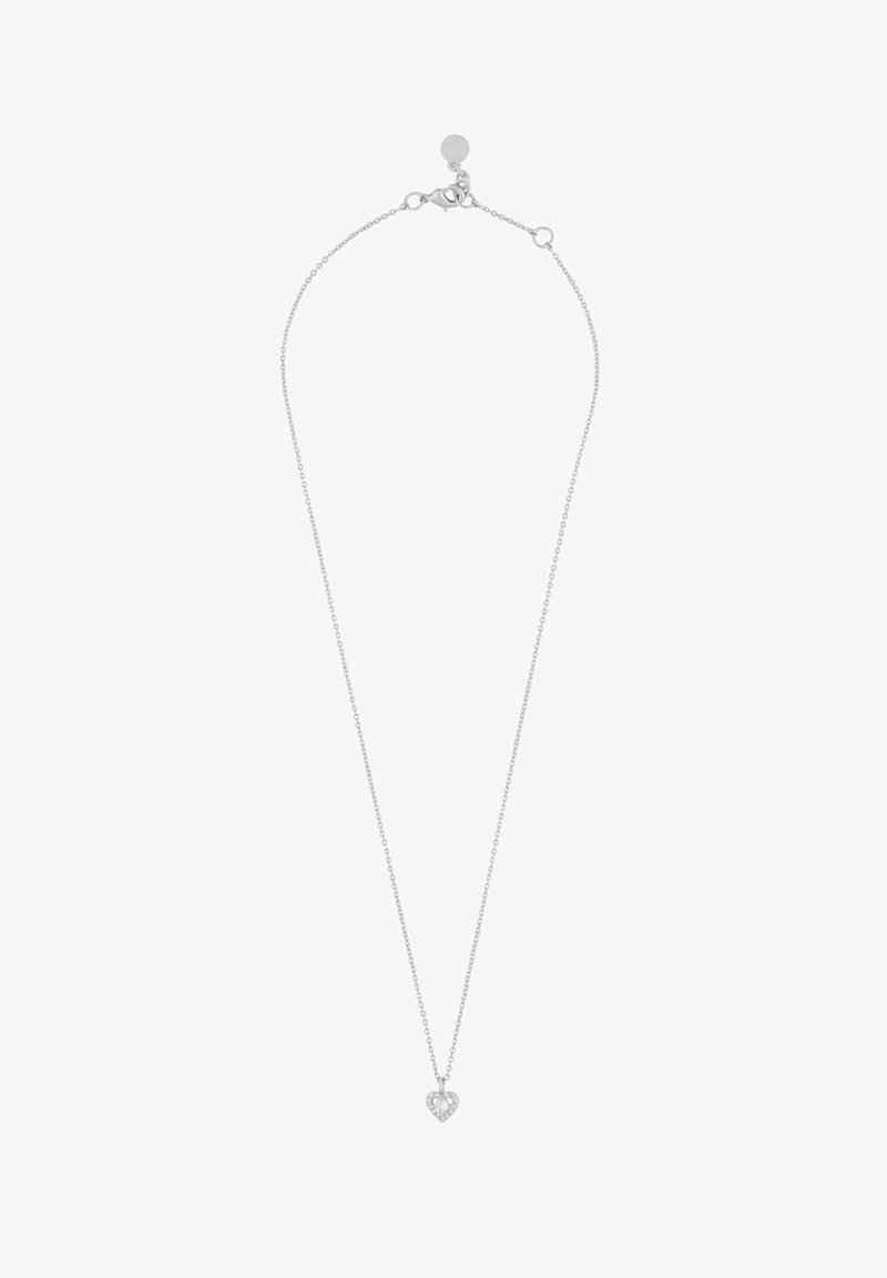 Silver kedja halsband med ett hjärtformat hänge bestående av två sammanlänkade hjärtan, prydda med små klara stenar. Enkel design med justerbar spänne.