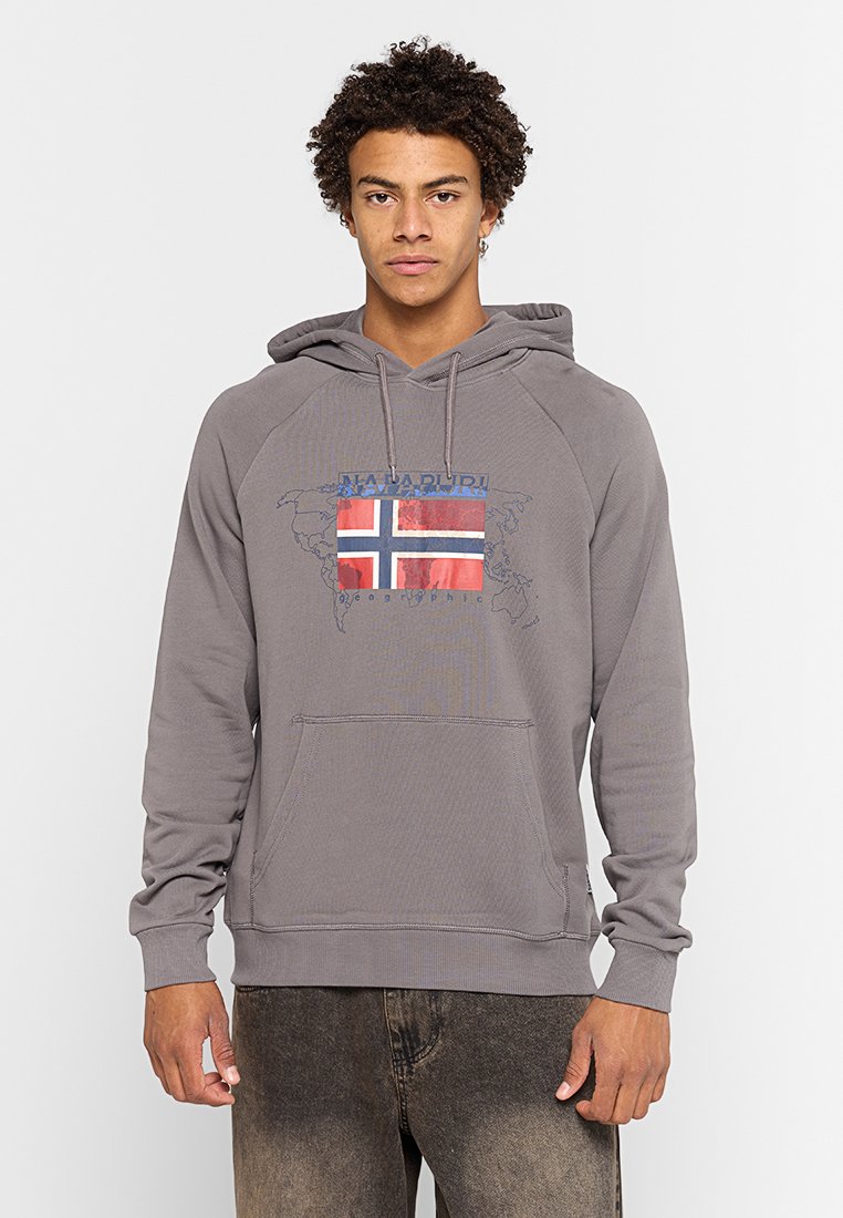 Felpa grigia con tasca a marsupio, caratterizzata da un design della bandiera norvegese e della mappa del mondo, realizzata in un tessuto strutturato.