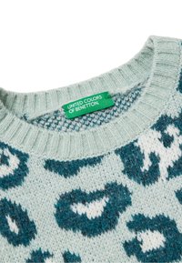 Maglione verde menta chiaro con collo a costine, caratterizzato da motivi a stampa leopardata in teal e bianco. L'etichetta riporta "United Colors of Benetton."