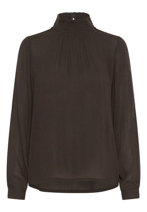 Bluza z dolgimi rokavi v temno rjavi barvi, z visokim nabranim ovratnikom, mehkim, lahkim materialom in nagubanim detajlom spredaj.