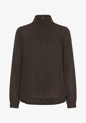 Tumši brūns krekls ar garām piedurknēm, ar augstu savilktu apkakli, mīkstu, vieglu audumu un plisētām detaļām priekšpusē.