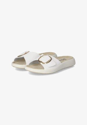 Witte slip-on sandalen met brede banden met grote gouden gespen en beige gevoerde binnenzolen, tegen een witte achtergrond.