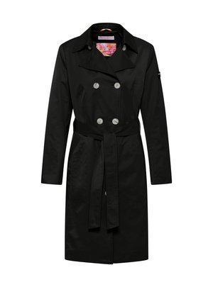Zwarte trenchcoat met dubbele knopen, brede revers en een strikband. Gladde stof met zijzakken en een kleurrijke binnenvoering.