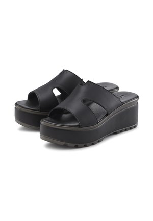 Black platform sandals made of smooth leather, featuring two cut-out sections on the upper and a textured rubber sole.