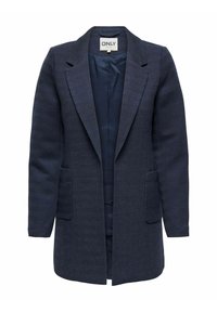 Mantou bleu marin cu un model de herringbone, design cu un singur rând de nasturi, rever înclinat, două buzunare frontale și căptușeală din satin.