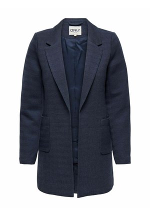 Tumed sinine mantel, millel on kalasabamuster, ühe nööbi disain, sälgukrae, kaks esikotiga ja satiinvooder.