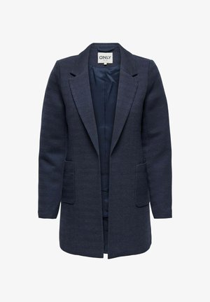 Tumed sinine mantel, millel on kalasabamuster, ühe nööbi disain, sälgukrae, kaks esikotiga ja satiinvooder.