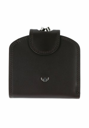 Petit porte-monnaie en cuir noir aux bords arrondis, fermeture par fermoir métallique, avec un petit emblème argenté au centre devant.