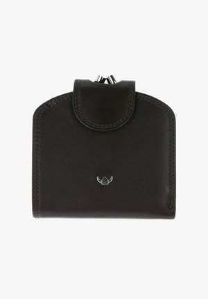 Petit porte-monnaie en cuir noir aux bords arrondis, fermeture par fermoir métallique, avec un petit emblème argenté au centre devant.