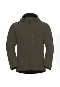 Olijfgroene fleece jas met capuchon, geribbelde textuur, ritsluiting aan de voorkant en twee zijzakken. Bevat een logo op de bovenste linkerborst.