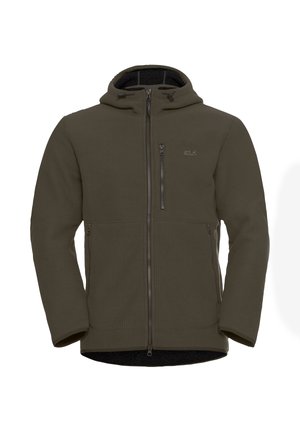 Giacca in pile verde oliva con cappuccio, texture a coste, chiusura con zip e due tasche laterali. Presenta un logo sulla parte superiore sinistra del petto.