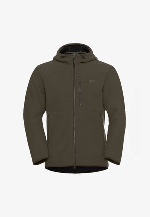 Olivgrüne Fleecejacke mit Kapuze, geribbelt, mit durchgehendem Reißverschluss und zwei Seitentaschen. Mit einem Logo auf der oberen linken Brust.