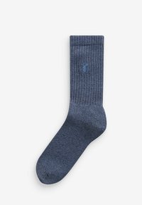 Calze blu a coste realizzate in materiale morbido, con un piccolo logo di cervo blu vicino alla caviglia. Un design classico e versatile.