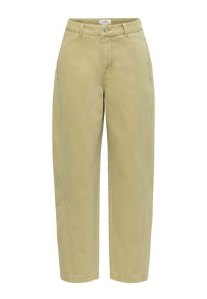 Pantalon beige taille haute à jambes droites avec passants de ceinture, bouton et fermeture éclair à l'avant, présenté sur fond blanc.