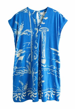 Kék len rövid ujjú tunika fehér klasszikus oszlopokból, növényekből és díszítő mintázatokból álló motívumokkal, V-nyakkivágással és bő szabással.