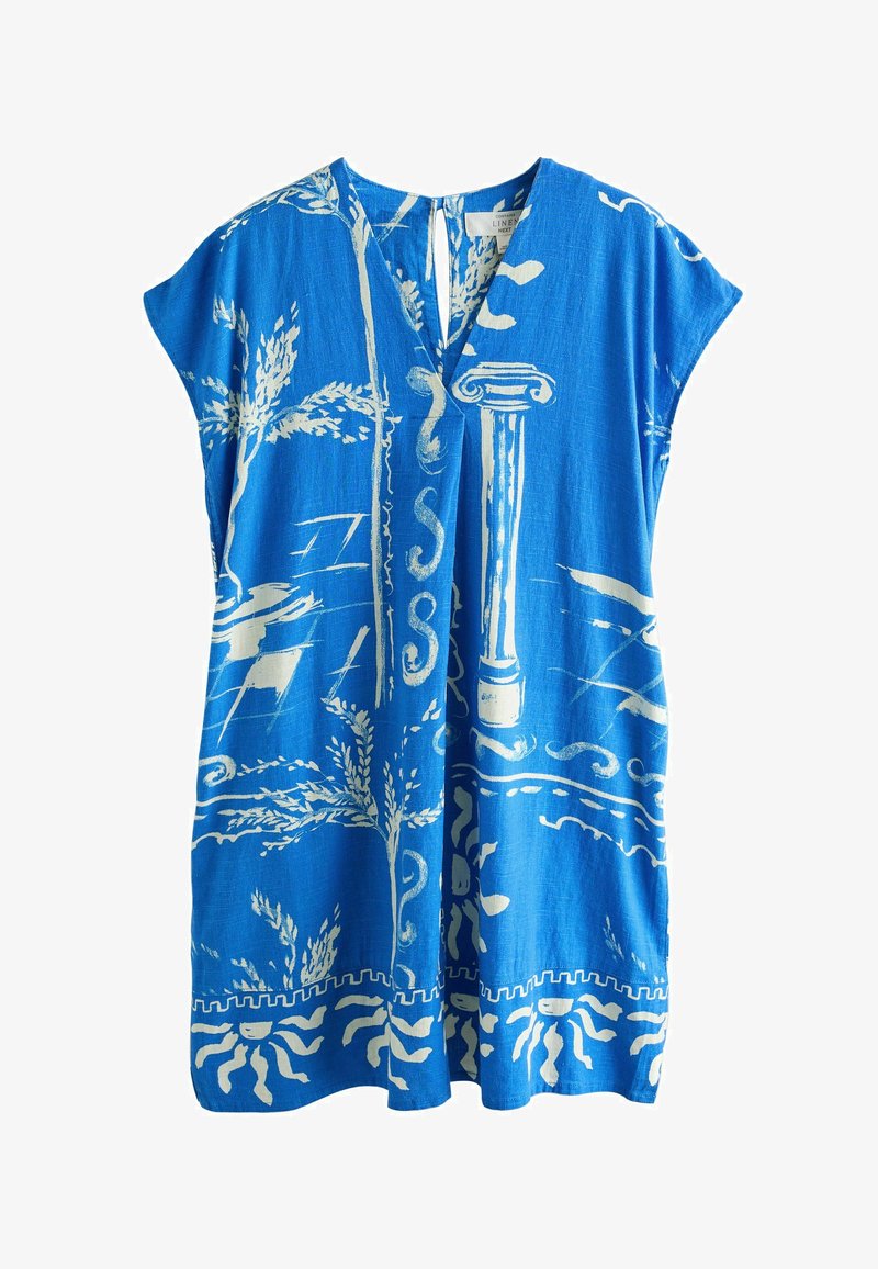 Tunique courte en lin bleu à manches courtes présentant des motifs classiques blancs de colonnes, plantes et motifs décoratifs, avec un col en V et une coupe ample.