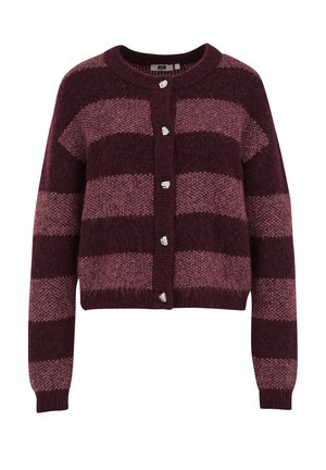 Cardigan a righe bordeaux e rosa realizzato in tessuto a maglia testurizzato, con scollo rotondo e chiusure a bottoni in tonalità argento.