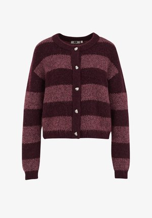 Burgundy and pink striped cardigan made of textured knit fabric, featuring a round neckline and silver-tone button closures.