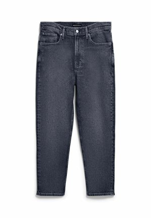 Jeans in denim nero con vita alta, design a cinque tasche, chiusura con bottoni e gambe dritte, distesi su uno sfondo bianco.