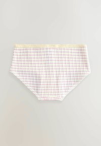 Slip in cotone bianco con un motivo a quadretti rosa e lavanda, con un bordino in pizzo color crema lungo la vita.