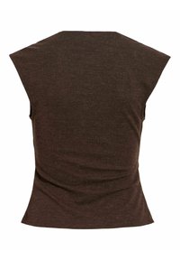 Haut marron sans manches avec larges épaules et taille cintrée, vu de dos sur fond blanc.