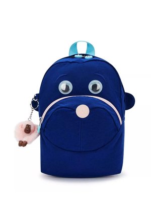 Zaino in tessuto blu con grandi occhi mobili, una tasca con cerniera rosa e orecchie arrotondate. Include un portachiavi a forma di pecora rosa per un tocco in più.