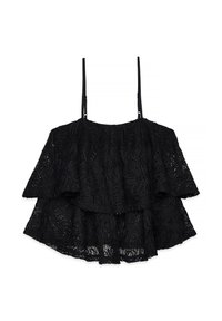 Top in pizzo nero con design a strati, dotato di spalline regolabili e motivi intricati. Tessuto leggero e testurizzato con una vestibilità ampia.