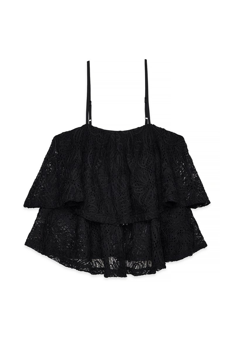 Top in pizzo nero con design a strati, dotato di spalline regolabili e motivi intricati. Tessuto leggero e testurizzato con una vestibilità ampia.