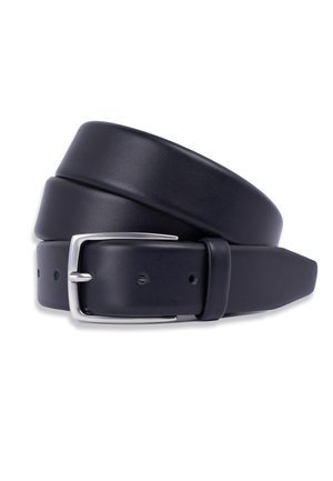 Black leather belt with a sleek design, silver metal buckle, and multiple holes for adjustment. Smooth texture and straight cut ends.