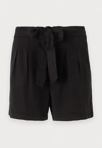 Shorts noirs taille haute avec plis à l'avant et ceinture en tissu nouée en un nœud à la taille sur un fond uni.