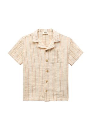 Camicia a maniche corte button-up in crema con righe arancio chiaro, dotata di tasca e una finitura in tessuto testurizzato e stropicciato.