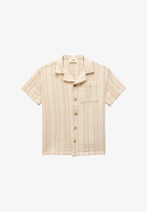 Chemise à manches courtes à boutons en crème avec des rayures orange clair, dotée d'une poche et d'une finition en tissu texturé et froissé.