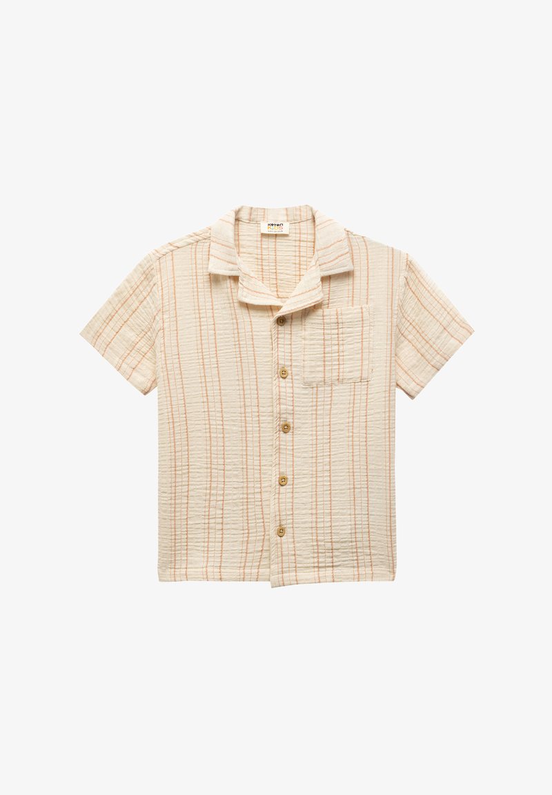 Korte mouwen overhemd met knopen in crème met lichtoranje strepen, met een zak en een textuur met een gekreukt stoffen afwerking.