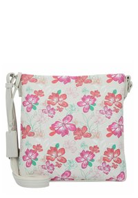 Florale Umhängetasche aus weißen synthetischen Material, verziert mit lebhaften rosa und roten Blumen sowie grünen Akzenten. Verstellbarer Schultergurt inklusive.