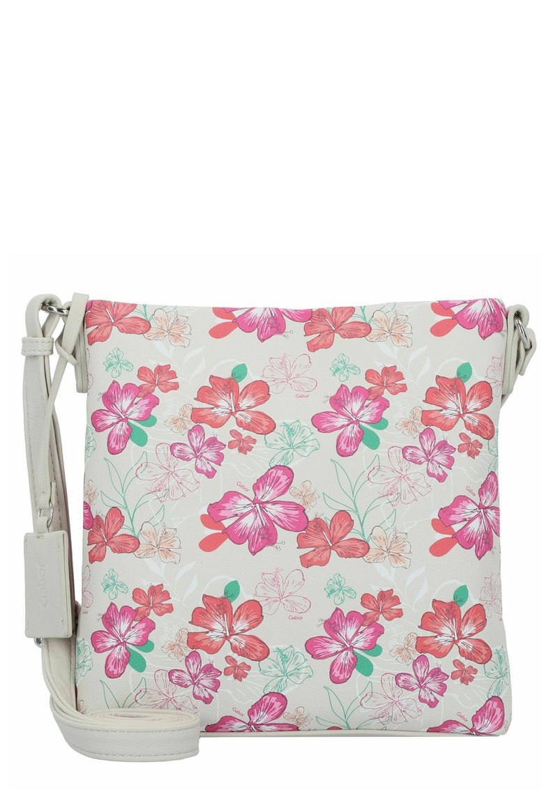 Florale Umhängetasche aus weißen synthetischen Material, verziert mit lebhaften rosa und roten Blumen sowie grünen Akzenten. Verstellbarer Schultergurt inklusive.