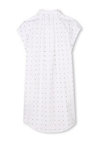 Camicia bianca a maniche corte con un sottile motivo nero di lettere e forme, con colletto button-down e orlo curvo.
