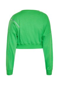 Felpa verde corta con maniche lunghe, dotata di una cerniera laterale e di un tessuto liscio ed elastico. Il design è rilassato e casual.