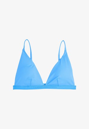 Jasnoniebieski trójkątny bikini z cienkimi regulowanymi ramiączkami i elastycznym bandem z logo na dole.