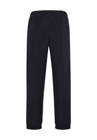 Czarne spodnie o prostych nogawkach z elastycznym paskiem i elastycznymi mankietami, zaprojektowane do noszenia na co dzień lub do aktywności sportowej.