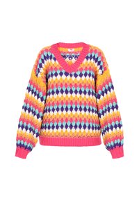 Pulover tricotat colorat cu decolteu în V, mâneci largi și un model geometric în formă de diamant, în nuanțe de roz, galben, albastru și violet.