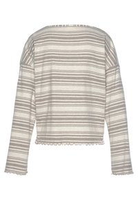 Langärmliger, gestreifter Pullover in hellbeige und grau. Weicher Stoff mit verkürztem Schnitt und gewelltem Saum. Lockere Passform und weiter Halsausschnitt.